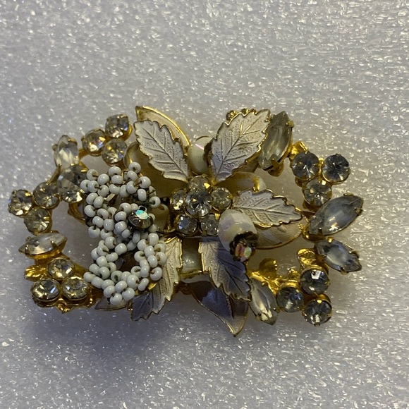 Original By Robert Jewelry - RARE Original By Robert Vintage Flower White Leaves Rhinestone Brooch